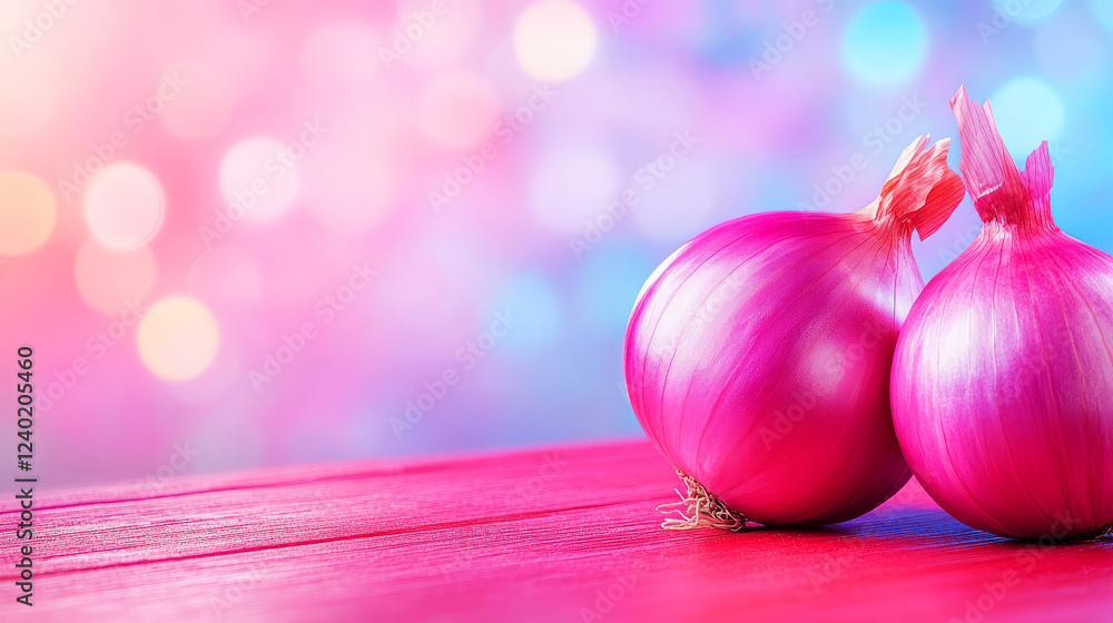 Aufkleber fresh red onions on vibrant blurred background with colorful bokeh effect