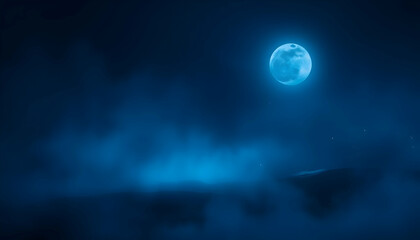 Night sky, full moon, glowing clouds, ethereal atmosphere, mystical landscape, blue hues, misty forest, silhouette trees, fantasy setting, magical light, dreamlike scene, celestial beauty, surreal env