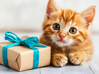 Adorable Orange Kitten with Gift Box on Wooden Surface Surrounded by Soft Natural Light