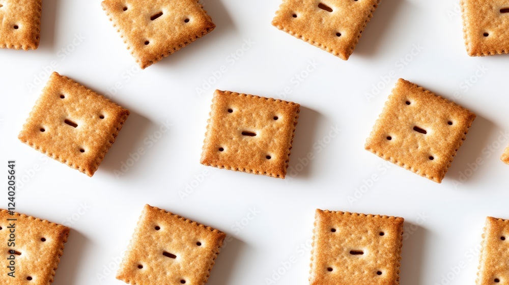 Poster multiple square crackers arranged in a repeating pattern on a white background. the crackers are lig