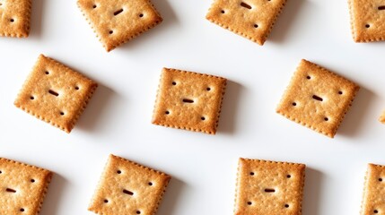 Multiple square crackers arranged in a repeating pattern on a white background. The crackers are light brown with a small slit in the center. The