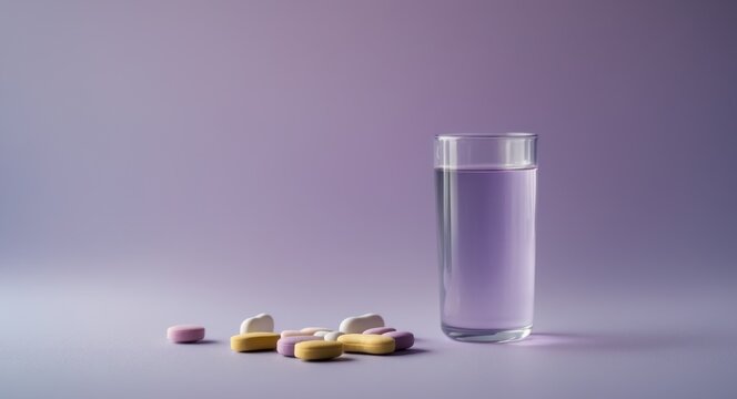 Multivitamin pills and water glass styled on a purple background in a pastel aesthetic