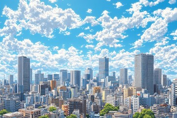 Fototapeta premium Cityscape under a bright blue sky with fluffy white clouds in an anime style illustration