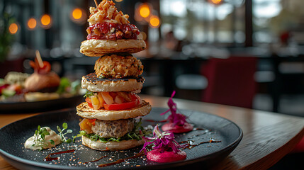 Gourmet stacked mini burgers, restaurant setting, blurred background, food photography
