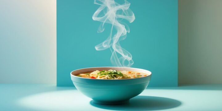 Bowl of vegetable noodle soup on a turquoise background with Copy Space for text.