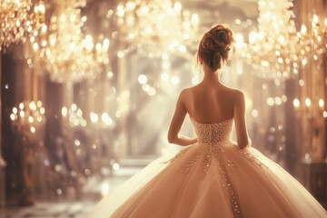 Elegant Debutante: A graceful debutante in a pale pink ball gown, attending a grand gala in an opulent ballroom with crystal chandeliers and soft lighting
