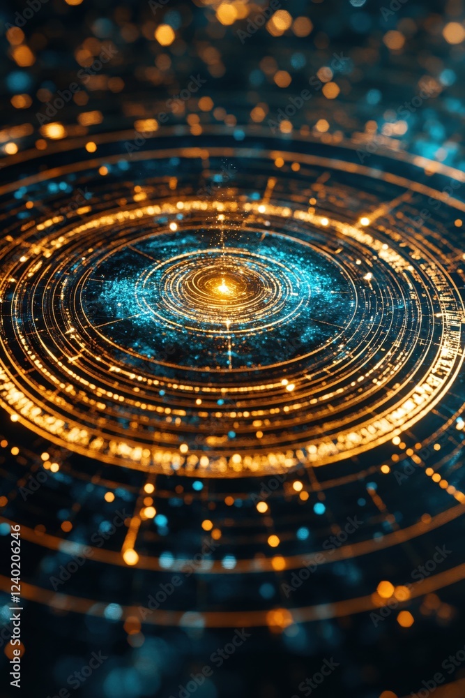 Poster abstract circular pattern with glowing orange lines and blue dots on a dark background
