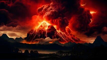 Dramatic nighttime volcanic eruption with bright red molten lava flowing against a dark starry sky in a stunning awe inspiring natural landscape