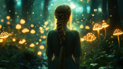 Fantasy Elf: A graceful elf with long, braided hair, in an emerald green tunic, standing in an enchanted forest with glowing mushrooms and ethereal light