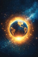 Obraz premium Glowing Earth surrounded by network of light in space with stars and dark blue background