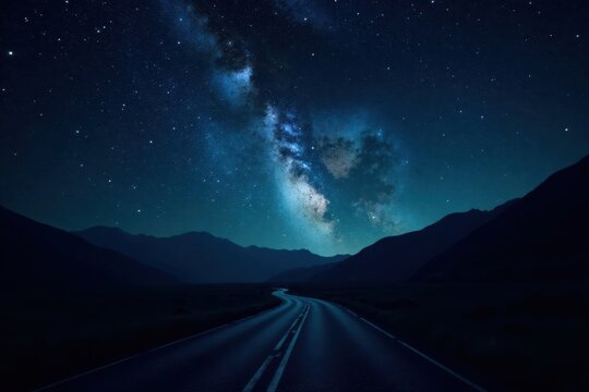 Serene Night Journey Winding Road Underneath a Starry Sky, Majestic Mountains Silhouetted Against the Celestial Canvas
