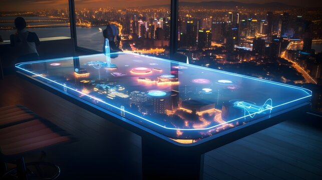Futuristic holographic travel planning dashboard showcasing a virtual map interface for digital optimization and seamless vacation experiences