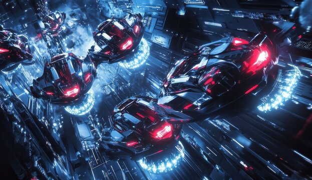 Futuristic flying vehicles soaring over a cyberpunk city at night.