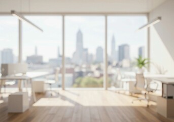 Peaceful office space with a blurred cityscape at sunset, creating a tranquil and visually appealing background