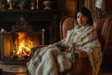 Wrapped in a warm blanket, a young woman enjoys the cozy atmosphere of her luxurious home, sitting comfortably in a vintage armchair by a crackling fireplace, creating a serene and comforting scene