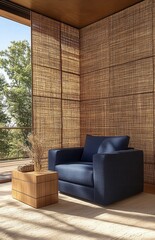 Modern living space featuring a blue armchair, wooden coffee table, and a uniquely patterned bronze wall. Sunlight streams through large windows