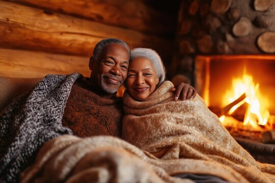 Happy retired couple enjoying warmth and togetherness while wrapped in blankets on a sofa in a cozy log cabin, illuminated by the warm glow of a fireplace, creating a serene and romantic atmosphere