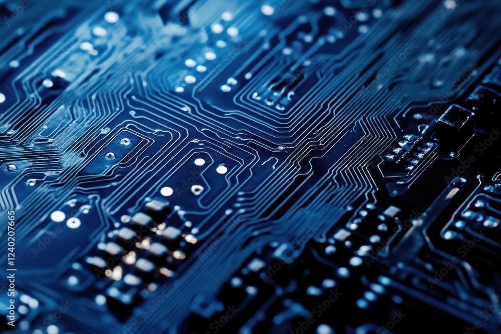 Poster blue circuit board lines and components close up abstract technology background pattern design