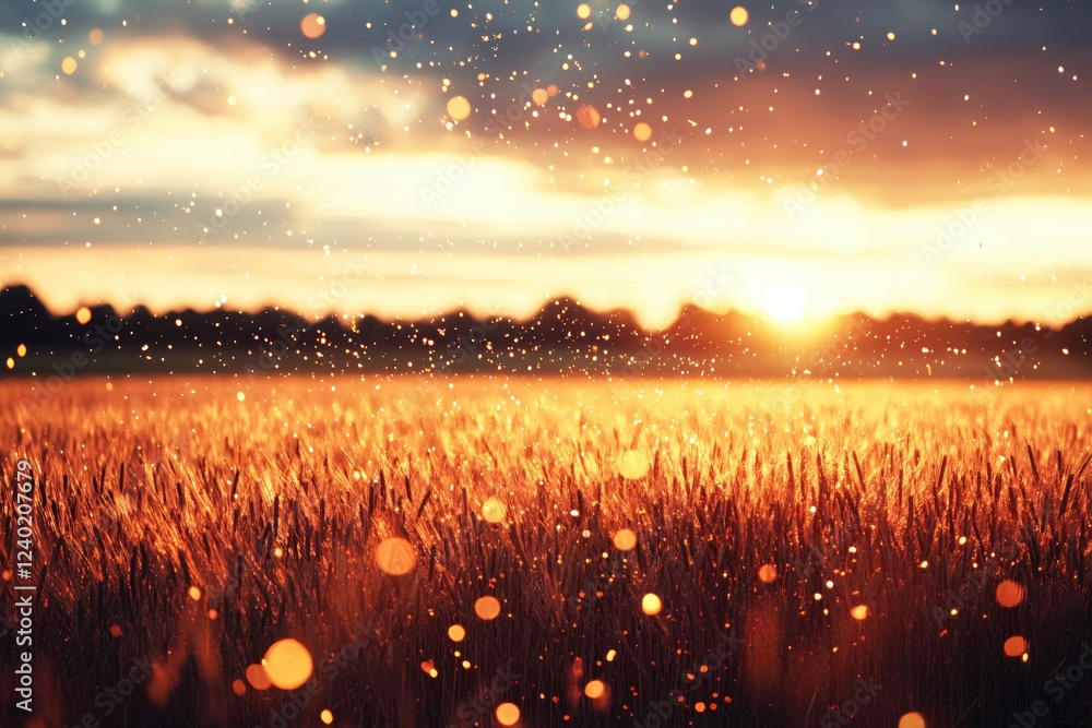 Poster golden wheat field under sunset with bokeh lights creating a magical and warm atmosphere