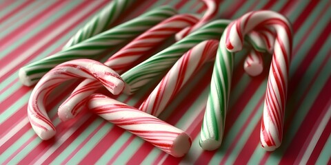 Close-up of Red and Green Candy Canes on Striped Background
