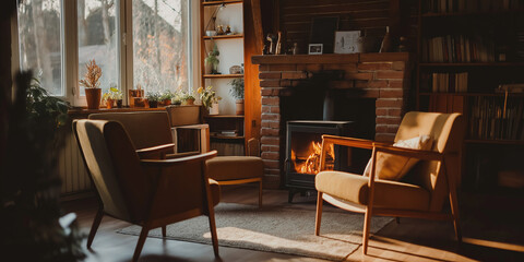 Warm sunlight illuminates a cozy living room featuring a burning fireplace, retro armchairs, houseplants, and a bookshelf, creating a perfect atmosphere for relaxation during winter