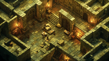 Isometric dungeon chamber, treasure, adventure game background