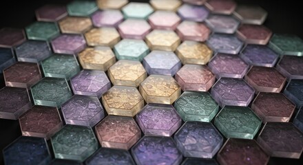 Fototapeta premium Hexagonal Tiles Mosaic: Abstract Background Texture, Geometric Pattern, Metallic Look, Shimmering Colors, Close-up Design Element for Creative and Decorative Projects.