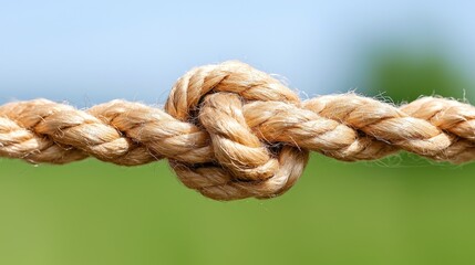 Rope knot tied outdoors, nature background, connection concept, website banner