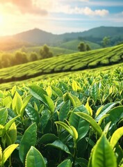 Vibrant green tea plantation at sunrise, lush foliage, rolling hills, and a warm, golden sunlight. Tranquil and serene landscape photography