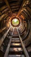 Wooden Tunnel Staircase Leading to Light, Rustic Aged Wood Structure
