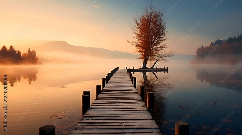 Poster peaceful lakeside scene with a wooden pier or dock extending out into the still calm waters of a ser