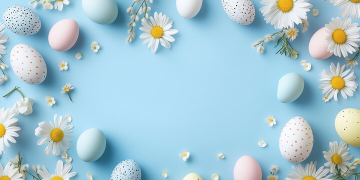 Osterkarte mit blauen Hintergrund. Bunte Ostereier am Rand mit Platz f&uuml;r Text in der mitte. Frohe Ostern  Osterkarte Werbeschild