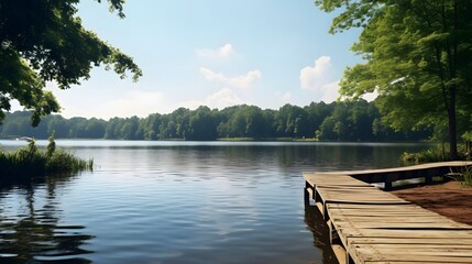 Obraz premium Tranquil scene of a peaceful lake with a wooden pier reaching out into the calm reflective waters creating a serene and inviting atmosphere for relaxation and contemplation