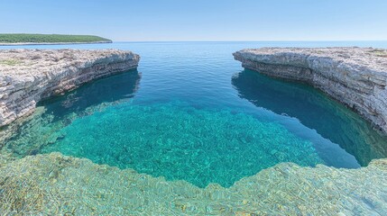 Clear turquoise water in secluded cove, sunny day, island backdrop, travel postcard