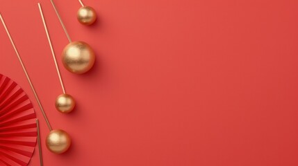 Obraz premium Chinese Red Background with Gold Elements and Decorative Fan for Festive Celebration Design