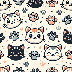 Minimalist Cute Cat Faces and Paw Prints Fabric Pattern

