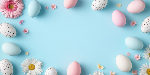 Osterkarte mit blauen Hintergrund. Bunte Ostereier am Rand mit Platz für Text in der mitte. Frohe Ostern  Osterkarte Werbeschild