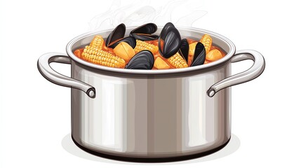 A silver pot filled with delicious seafood, mussels, and corn boiling in tasty broth, ready to serve. Perfect for culinary themes and seafood dishes.