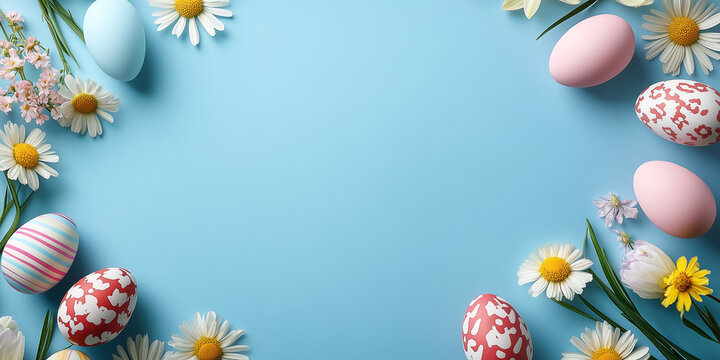 Osterkarte mit blauen Hintergrund. Bunte Ostereier am Rand mit Platz f&uuml;r Text in der mitte. Frohe Ostern  Osterkarte Werbeschild