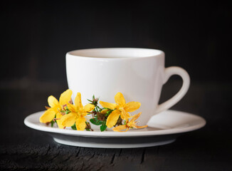 St. John's wort tea is a medicinal healthy drink on a dark wooden background. The concept of medicinal herbs