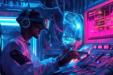Virtual Reality Pioneer - A tech enthusiast wearing VR goggles, interacting with a virtual interface, surrounded by futuristic gadgets
