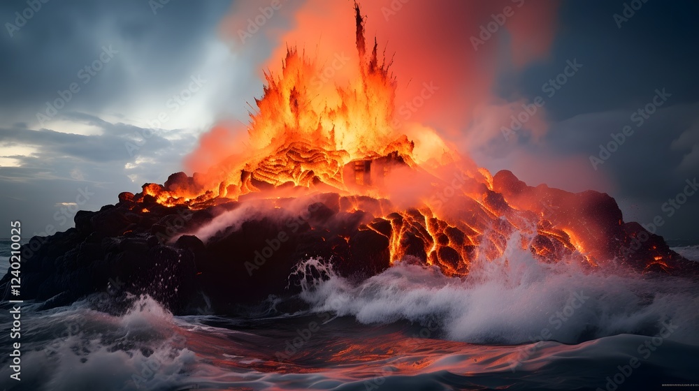 Poster dramatic scene of molten lava from a volcanic eruption meeting the crashing waves of the ocean creat