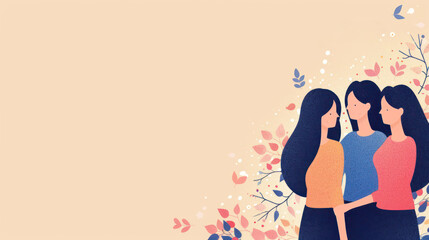 Three Diverse Women Standing Together Surrounded by Floral Elements and Soft Pastel Background