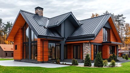 Obraz premium Modern luxury home with wood siding, stone accents, and metal roof.