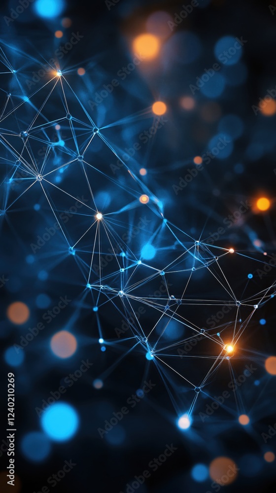Poster abstract network with glowing nodes and connecting lines on dark background with bokeh effect