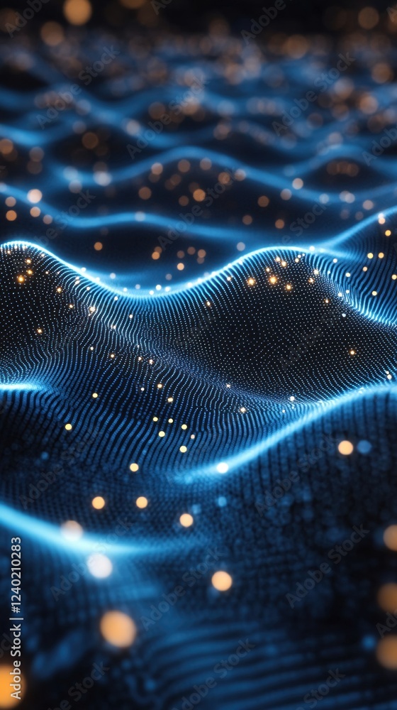 Poster abstract blue wave pattern with glowing dots on a dark background digital art