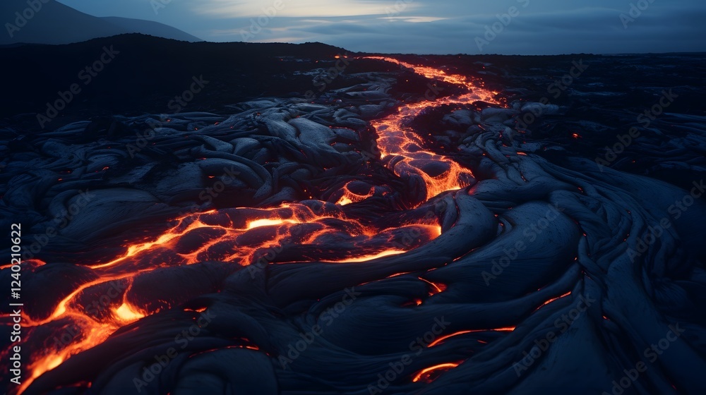 Poster captivating image of a vibrant river of molten lava flowing and cascading through a rugged dark volc
