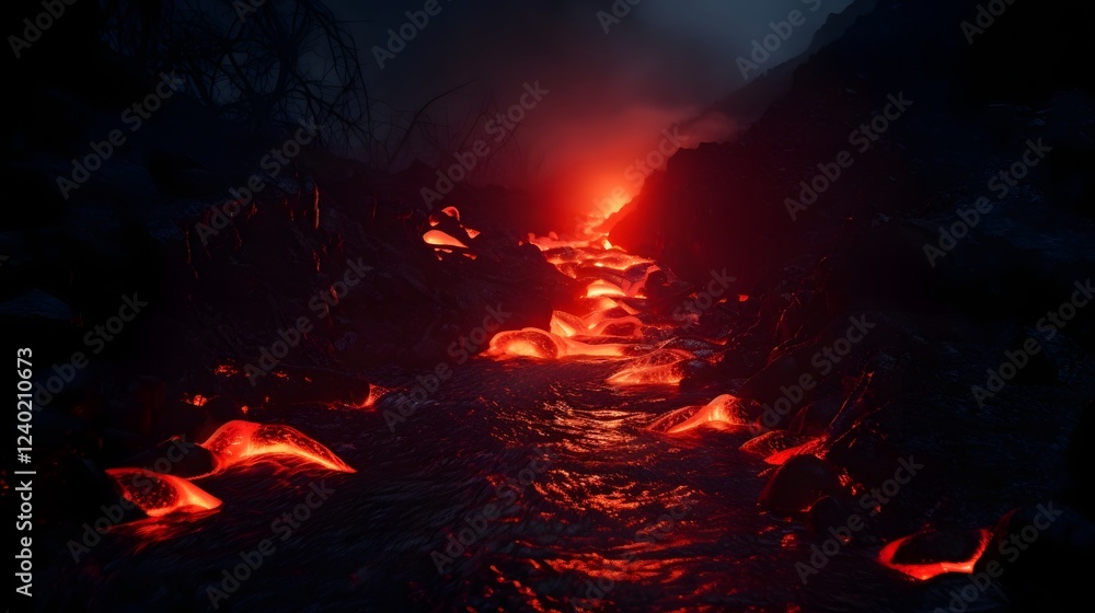 Poster mesmerizing river of molten lava glowing brightly as it flows across the dark rugged terrain of an a