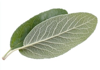 Obraz premium Two fresh sage leaves with visible veins and a soft, velvety texture are presented against a clean white background. The leaves exhibit a muted green