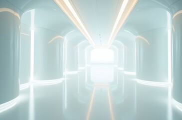 Sleek and clean hallway with bright lighting and a reflective surface, creating a futuristic atmosphere.